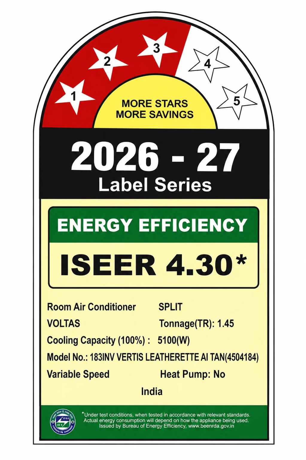 Voltas Split Air Conditioner, 1.5 Ton, 3 Star - 183INV VERTIS LEATHERTTE AI TAN(S) 2026 MODEL - Image 4
